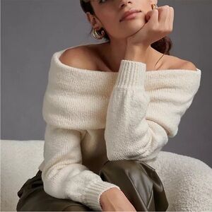EUC Anthropologie Slouchy Off the Shoulder Cowl Neck Sweater, Sz S, Ivory
